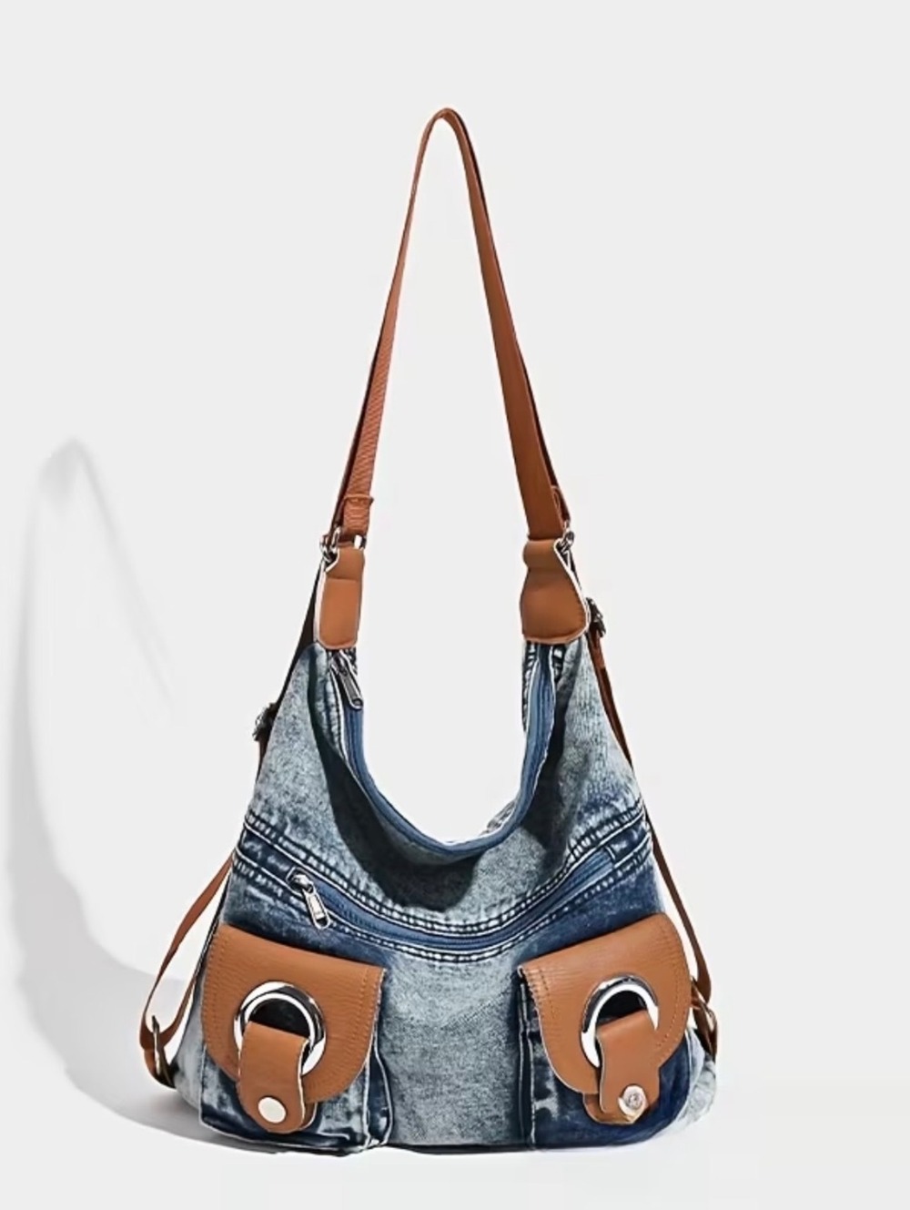 New -Unique & Stylish -Denim + Faux Leather Convertible Shoulder Bag